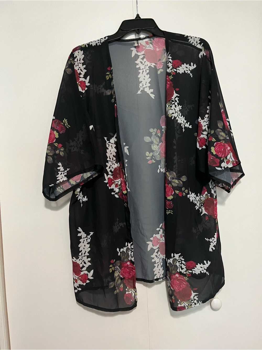 Sheer Beach Kimono Black with Roses size L
